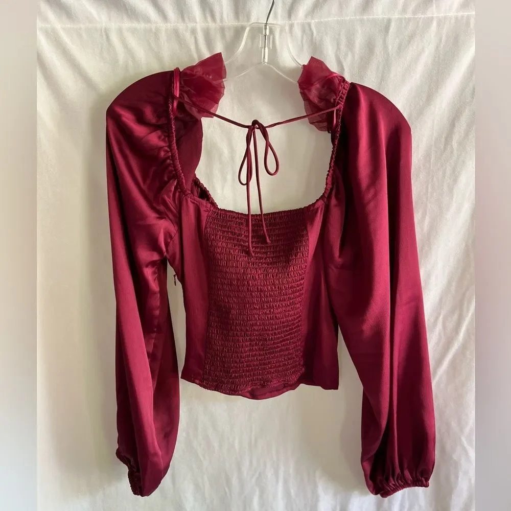 ASTR The Label Penny Satin Corset Top Wine Burgundy Ruched Puff Sleeve small